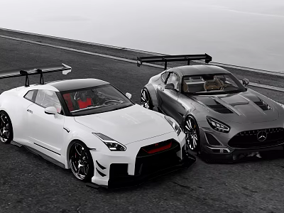 White And Silver Sports Cars Parked Together On Asphalt Road With Rear Spoilers 3d model