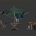 Outdoor Backyard Setup With Clothesline Umbrella Table And Garden Tools