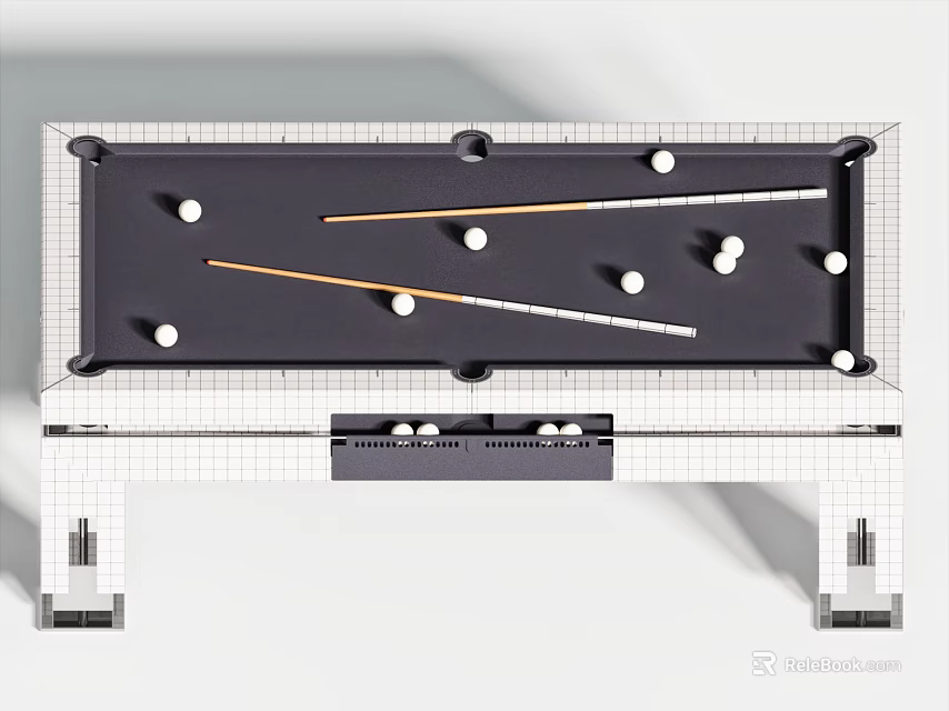 Modern Billiard Table With Black Felt Surface And Scattered Balls Cues On Top 3d model 