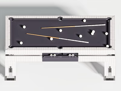 Modern Billiard Table With Black Felt Surface And Scattered Balls Cues On Top 3d model