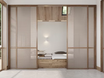 Minimalist Tatami Bedroom Interior With Wooden Lattice Screens And Natural Light 3d model