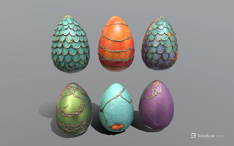 Colorful Decorative Eggs With Unique Scales Stripes Crackle And Metallic Patterns 3d model 