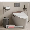 Modern Sleek White Toilet In Bathroom Interior With Waste Bin And Toilet Paper Holder