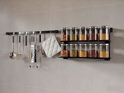 Spice Jars Organized On Black Wall Rack With Kitchen Utensils And Grey Tiled Background 3d model