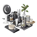 Modern Bathroom Accessories Set with Lighted Mirror Makeup Brushes and Green Plant