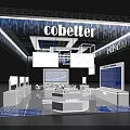 Modern Cobetter Exhibition Booth With Blue Lighting Display Screens White Counters And Green Plants