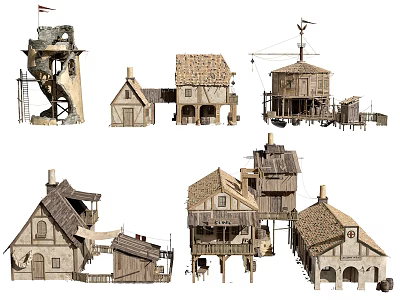 Traditional Residential Buildings Featuring Rural Cottage Designs With Wooden Structures And Unique Rooftops 3d model