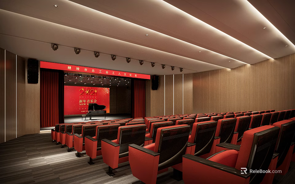 Modern Conference Room Interior With Red Curtain Stage Red Seats Piano And Wooden Walls 3d model 