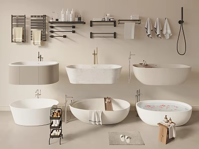 Bathroom Interior Featuring Various Freestanding White Bathtubs And Accessories Like Towel Racks Shelves Toiletries 3d model