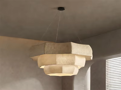 Modern Layered Fabric Chandelier Hanging In Room With Gray Wall And Window Blinds 3d model