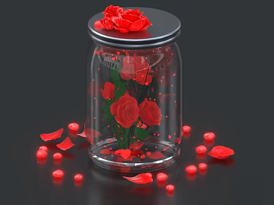 Clear Glass Jar With Black Lid Red Roses Petals And Small Red Balls 3d model
