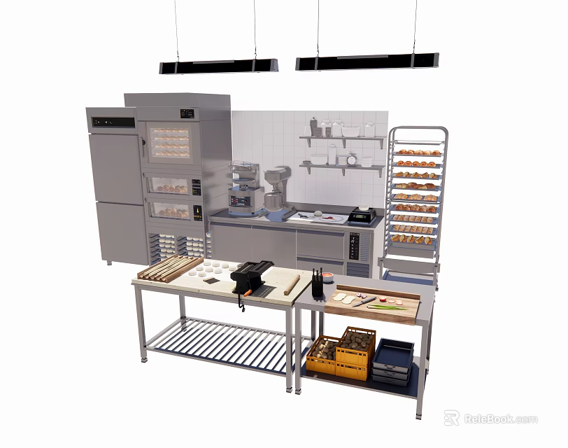 Modern Commercial Kitchen With Various Appliances Workbench And Metal Shelves 3d model 