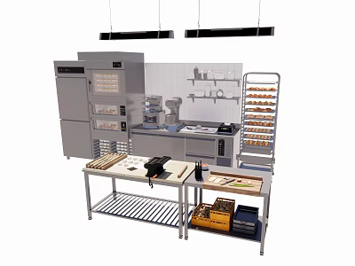 Modern Commercial Kitchen With Various Appliances Workbench And Metal Shelves 3d model