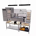Modern Commercial Kitchen With Various Appliances Workbench And Metal Shelves