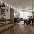 Cozy Retro Open Plan Dining And Living Room With Herringbone Wood Flooring And Leather Sofas