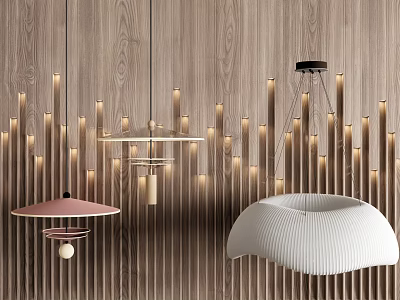 Modern Elegant Interior With Wooden Wall Vertical Light Strips And Various Designed Chandeliers 3d model