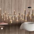Modern Elegant Interior With Wooden Wall Vertical Light Strips And Various Designed Chandeliers