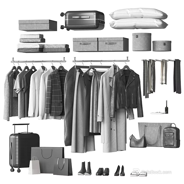 Clothes Hanging With Various Styles Coats Shirts Pants Luggage Bags And Accessories 3d model 