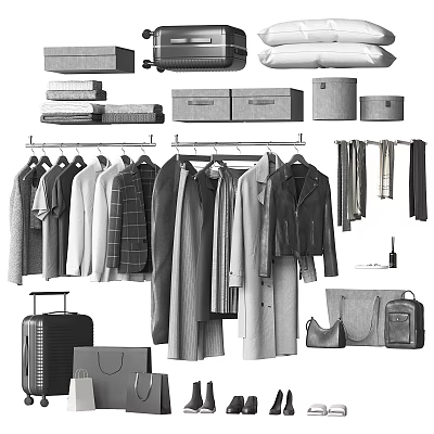 Clothes Hanging With Various Styles Coats Shirts Pants Luggage Bags And Accessories 3d model