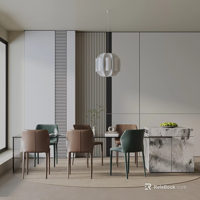 Modern Dining Table Set With Marble Top Green Brown Chairs And Pendant Light 3d model 