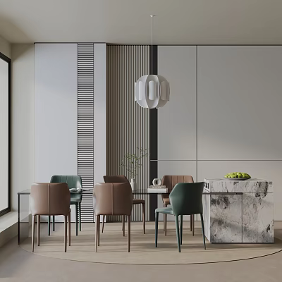 Modern Dining Table Set With Marble Top Green Brown Chairs And Pendant Light 3d model