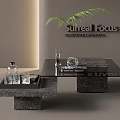 Elegant Modern Coffee Table With Stone Base Glass Top Books And Green Plant Decor