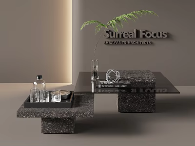 Elegant Modern Coffee Table With Stone Base Glass Top Books And Green Plant Decor 3d model