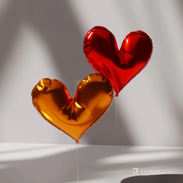 Red and Gold Heart Shaped Foil Balloons on Gray Background with Shadows 3d model 