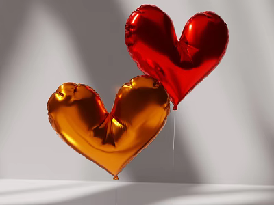 Red and Gold Heart Shaped Foil Balloons on Gray Background with Shadows 3d model