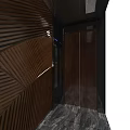 Modern Elevator Hallway With Wooden Striped Wall Elevator Doors And Polished Marble Flooring