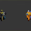 Toy Water Guns Yellow And Orange With Blue Components On Black Background Reflective Surface Design
