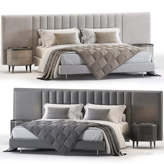 Modern Double Bed With Upholstered Headboard Matching Nightstands And Soft Bedding 3d model