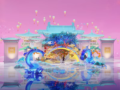 Traditional Chinese Commercial Landscape With Pink Background Lanterns Arch Decoration Blue Wave Elements And Reflections 3d model