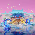 Traditional Chinese Commercial Landscape With Pink Background Lanterns Arch Decoration Blue Wave Elements And Reflections