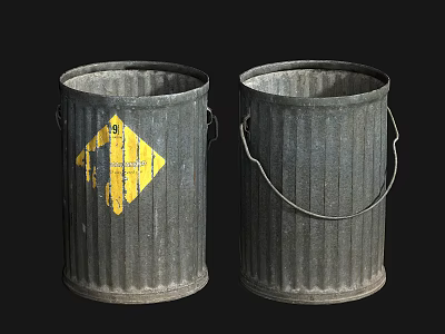 Public Facility Two Metal Trash Cans With Yellow Warning Sign 3d model