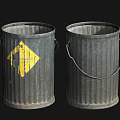 Public Facility Two Metal Trash Cans With Yellow Warning Sign