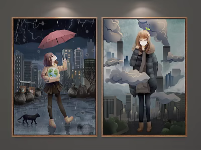 Two Girls Figure Paintings with Urban Scenes Smoke Factories Lightning and Earth 3d model