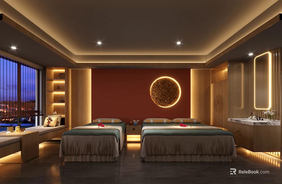 Elegant SPA Sauna Interior With Wooden Decor Red Wall Circular Art And Massage Beds 3d model 