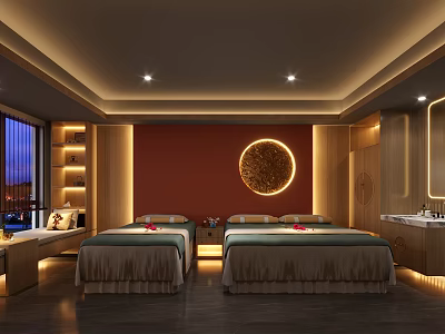Elegant SPA Sauna Interior With Wooden Decor Red Wall Circular Art And Massage Beds 3d model