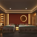 Elegant SPA Sauna Interior With Wooden Decor Red Wall Circular Art And Massage Beds