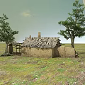 Rustic Dilapidated Adobe House With Shabby Roof Two Trees On Grassland Under Cloudy Sky