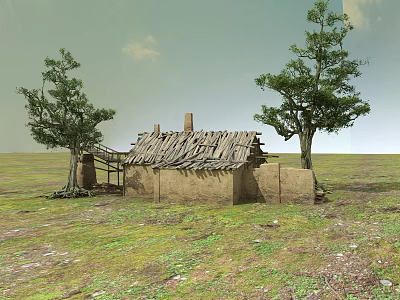 Rustic Dilapidated Adobe House With Shabby Roof Two Trees On Grassland Under Cloudy Sky 3d model