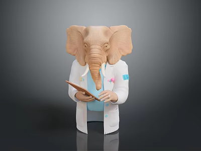 Elephant Headed Doctor Character Standing Holding Medical Clipboard In White Coat 3d model