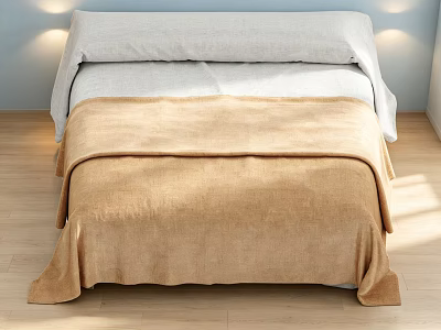 Modern Double Bed With Light Gray Bedding Light Brown Blanket And Wooden Floor 3d model