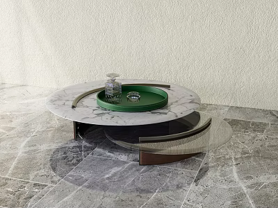 Round Marble Top Coffee Table With Green Tray And Glassware On Metal Base 3d model