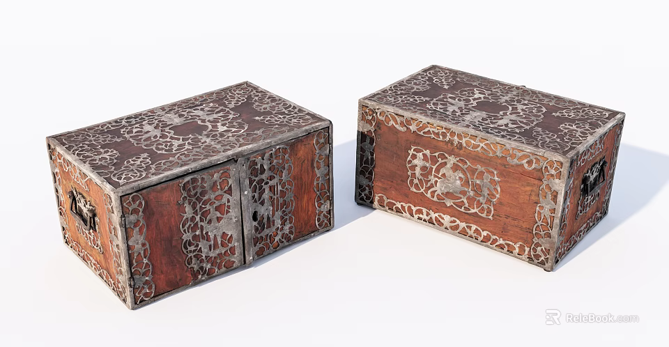 Vintage Wooden Boxes With Intricate Metal Filigree Carvings And Decorative Design 3d model 