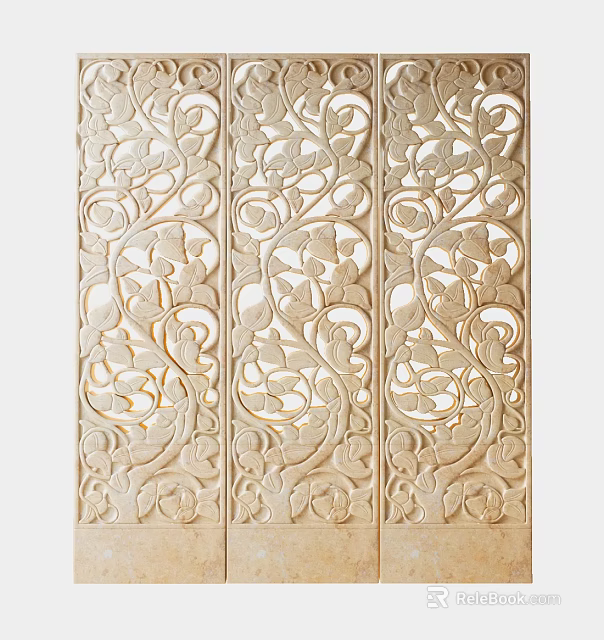 Wooden Screen with Intricate Carved Vine and Leaf Patterns in Traditional Chinese Design 3d model 