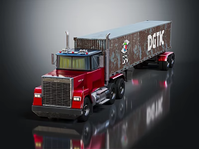 Red Semi Truck With Large Container Featuring DGTK Lettering And Logo 3d model