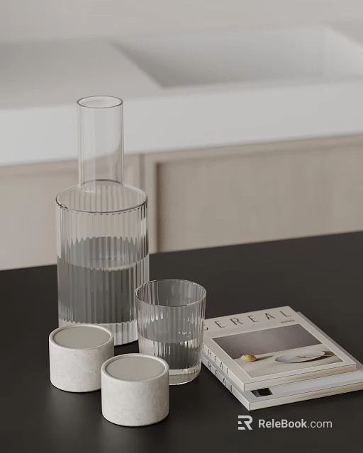 Modern Decorative Ornament Set with Transparent Glassware White Cups and Magazine on Tabletop 3d model 