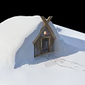 Snow Covered Log Cabin With Lit Window In Winter Snowy Landscape 3d model